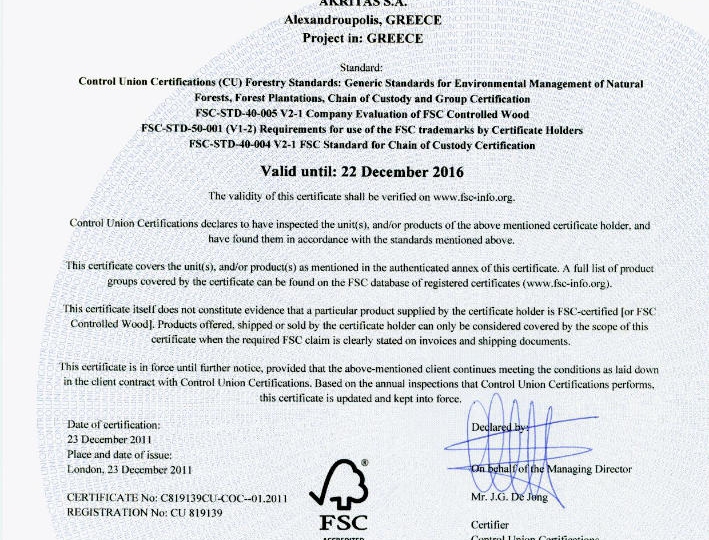 FSC Certificate of AKRITAS page 1